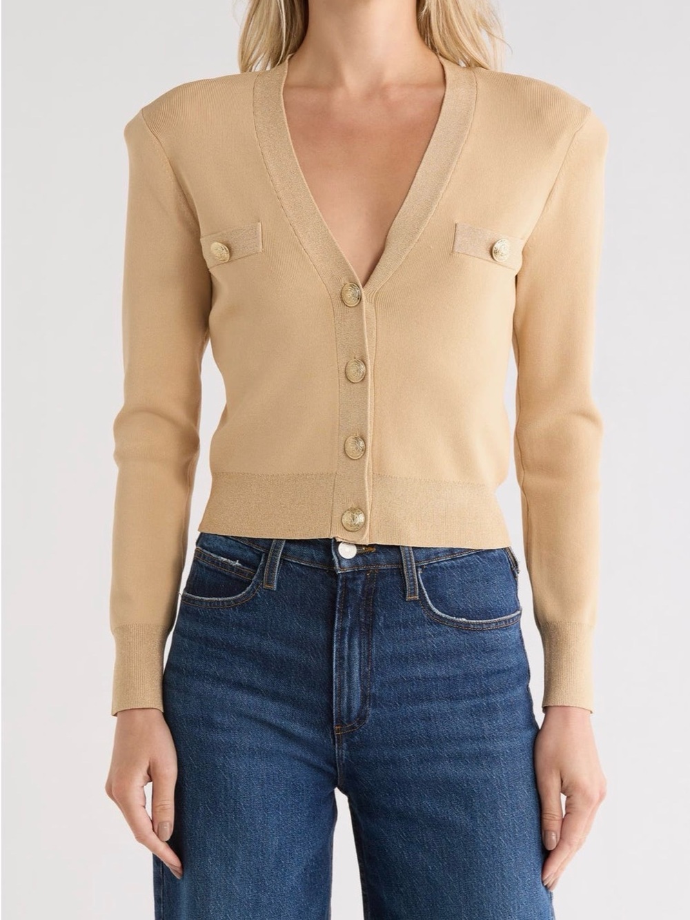 L’AGENCE Taya Crop Cardigan in Latte/Gold, size XS